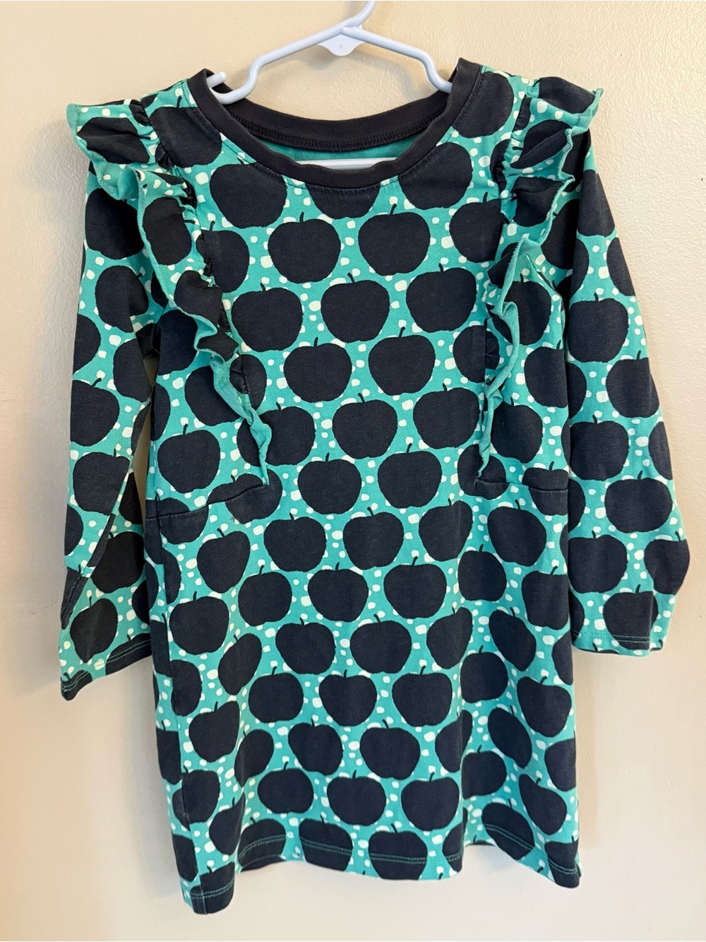 TEA COLLECTION Fall Blue Green Dress Girl’s 5 S XS Apple Wax Ruffle Shoulder LS